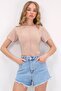 Beige Crew Neck Front Stitched Crop Sandy Blouse Alc-X11782