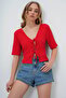 Red Front Tie Short Sleeve Gofre Summer Blouse Alc-X13580 - 2