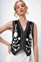 Black Button Detailed Embroidered Linen Vest Alc-X13358 - 5