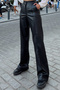 Black Faux Leather Palazzo Pants with Front Stitching and Double Pockets - 2