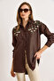 Women's Brown Embroidered Pearl Wool Effect Oversized Winter Shirt GML-19001159 - 4