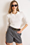 Women's Ecru Polo Neck Buttoned Long Sleeve Cotton Blouse Blz-19003170 - 3