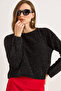Women's Black Crew Neck Glitter Drawstring Knit Sweater Kzk-19001048 - 6
