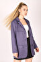 Women's Dark Blue Collared Pocket Flap Buttoned Shoulder Pad Piece Premium Suede Oversized Jacket Arm-25K001057