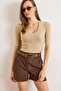 Women's Beige Deep V Neck Double Sleeve Stretchy Cotton Blouse Blz-19002951 - 4