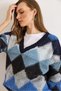 Women's Blue V-Neck Baklava Detailed Oversized Knitwear Sweater Kzk-19001050 - 4