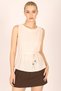 Women's Cream Crew Neck Fitted Waist Tie Sleeveless Linen Look Blouse Arm-25Y001081