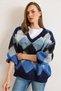 Women's Blue V-Neck Baklava Detailed Oversized Knitwear Sweater Kzk-19001050