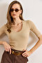 Women's Beige Deep V Neck Double Sleeve Stretchy Cotton Blouse Blz-19002951 - 5
