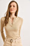 Women's Beige Crew Neck Buttoned Long Sleeve Stretch Fabric Cotton Blouse Blz-19002566 - 5