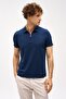 Men's Navy Blue Slim Fit Zippered Polo Collar Short Sleeve T-Shirt - 2