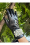 Black Touchscreen Women's Leather Gloves with Pearl on the Wrist - 2