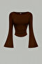 Dark Brown Boat Neck Long Sleeve Spanish Sleeve Blouse, Side Ruched Spanish Sleeve Coffee Crop Top - 3