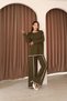 Women's Olive Green Striped Patterned Knitwear Sweater and Slit Pants Knitwear Top and Bottom Set - 2