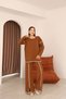Women's Cinnamon Brown Striped Patterned Knitwear Sweater and Slit Pants Knitwear Top and Bottom Set - 3
