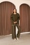 Women's Olive Green Striped Patterned Knitwear Sweater and Slit Pants Knitwear Top and Bottom Set - 4
