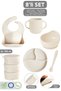 8-Piece Silicone Feeding Set - Baby Bib Vacuum Plate Oval Bowl Cup Spoon Snack Container Beige