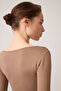 X Ece Mocha Melange Long Sleeve U-Neck Sports Blouse Scoop Neck Top - 3