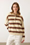 Ecru Striped Buttoned Polo Neck Women's Knitwear Sweater, Women's Sweater Fmoda2280