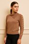 Sleeve Detail Shawl Neck Knitwear Sweater-26K74082-Mink-32