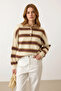 Ecru Striped Buttoned Polo Neck Women's Knitwear Sweater, Women's Sweater Fmoda2280 - 5