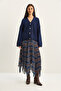 Women's Navy Blue Plaid Patterned Wrinkle Effect Lined Midi Chiffon Skirt De251105 60283760 - 2