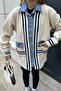 Denim Detailed Striped Soft Cardigan Stone - 6
