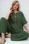 Khaki V-Neck Metal Gold Button Detailed Aerobin Blouse and Pants Top and Bottom Set Alc-X14122