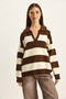 Women's Brown Cream Polo Collar Striped Knitwear Sweater 7250 60283810 - 2