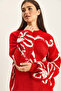 Women's Red Ecru Patterned Oversize Knitwear Sweater Tk251158 60283806 - 5