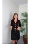 Buketli̇ Women's Fixed Belted Large Yellow Button and Pocket Detailed V-Neck Long Sleeve Short Dress - 6