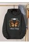 Butterfly Print Detailed Hooded Sweatshirt Black - 2