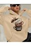 Coffe Print Detailed Hooded Sweatshirt Beige