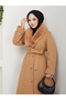 Women's New Season K Double-Breasted Full-Length Coat with Collar Buttons, Fur Collar and Belt - 7