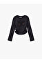 Stone Detailed Long Sleeve Crew Neck Gathered Cotton Printed T-Shirt