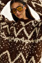 Women's Brown Cream Patterned Crew Neck Oversize Knitwear Sweater 60283826 - 6