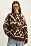 Women's Brown Cream Patterned Crew Neck Oversize Knitwear Sweater 60283826 - 3