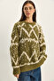 Women's Green Patterned Crew Neck Oversize Knitwear Sweater 60283826 - 2
