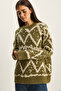 Women's Green Patterned Crew Neck Oversize Knitwear Sweater 60283826 - 3