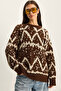Women's Brown Cream Patterned Crew Neck Oversize Knitwear Sweater 60283826