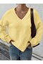 Women's Butter Yellow V-Neck Oversized Knit Sweater, Knit Sweater Fmoda1970 - 7