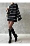 Women's Black and White Oversized Striped Half Turtleneck Knitwear Sweater 2-Piece Set, Striped Sweater - 5
