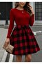 Women's long sleeve crewneck top viscose bottom plaid short dress - 3