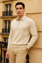 Men's Trend Zippered Cream Long Sleeve Polo Neck T-Shirt - 3
