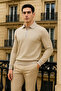 Men's Trend Zippered Beige Long Sleeve Polo Neck T-Shirt - 3