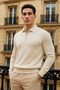 Men's Trend Zippered Cream Long Sleeve Polo Neck T-Shirt