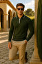Men's Casual Zippered Khaki Long Sleeve Polo Neck Knitwear - 4