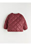 Burgundy Crew Neck Quilted Patterned Girl's Coat - 4