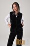 Black Hooded Welsoft Zippered Women's Plush Vest with Pockets, Warm Furry Winter Coat Look - 8