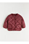 Burgundy Crew Neck Quilted Patterned Girl's Coat